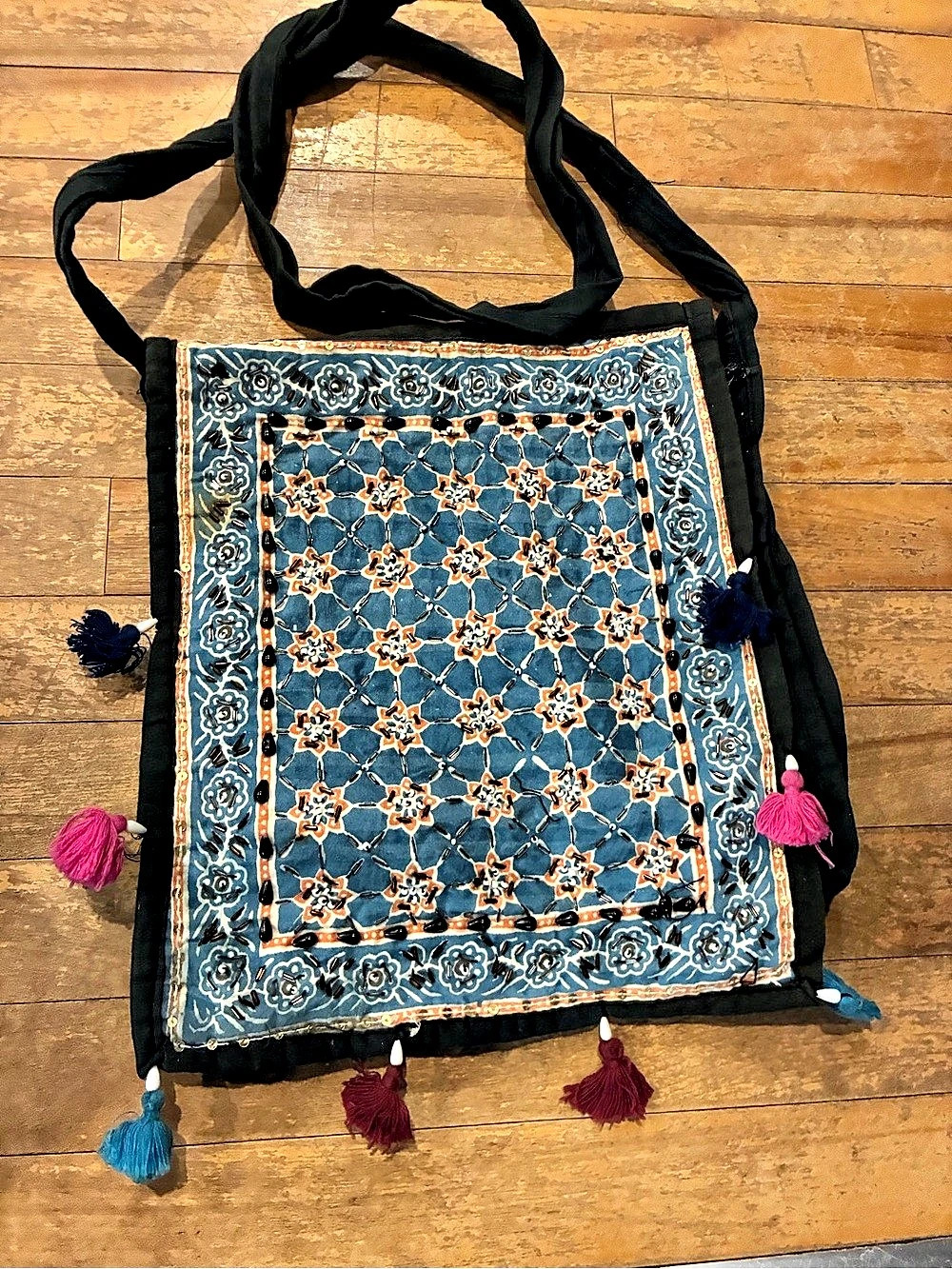 Embroidered Tassel Crossbody Bag in Black & Blue